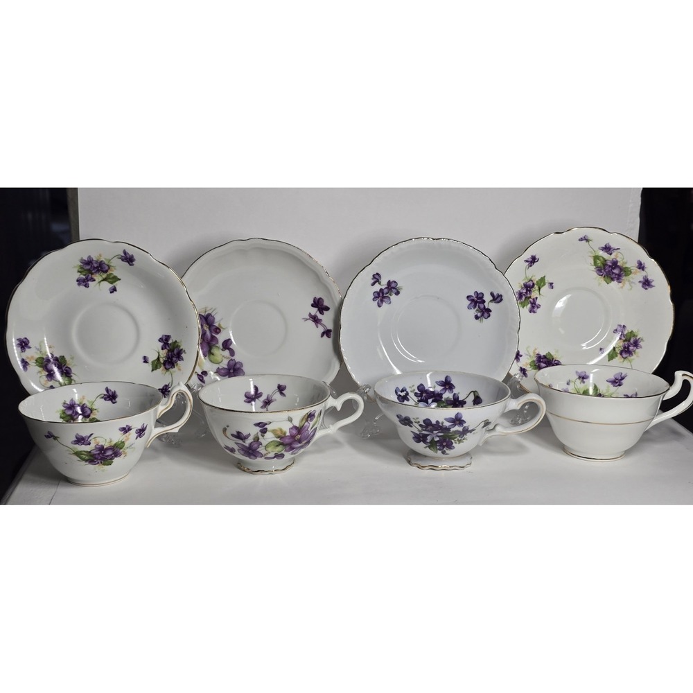Vintage Purple Violet Teacup Saucer Lot 4 Mismatched Bone China Floral AS IS